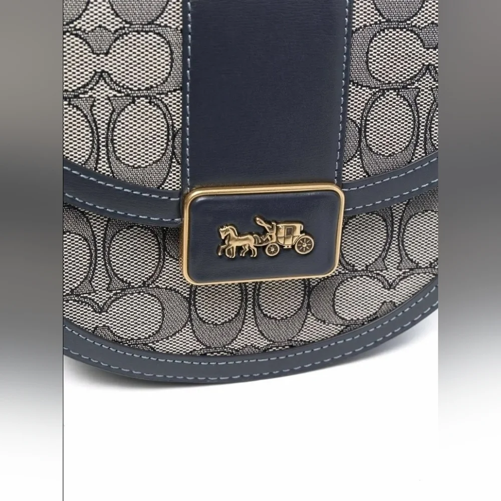 Coach Alie Saddle Crossbody Bag Navy Blue and Gold‎ Signature Jacquard Purse - Picture 11 of 14